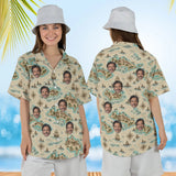 Woman wearing the Island Map Hawaiian Shirt with custom faces, front and back view