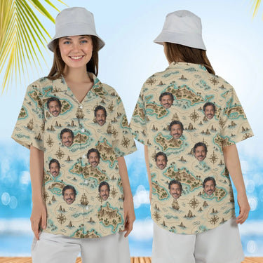 Woman wearing the Island Map Hawaiian Shirt with custom faces, front and back view