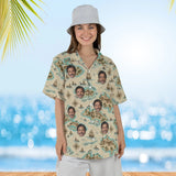 Woman wearing the Island Map Hawaiian Shirt with custom faces