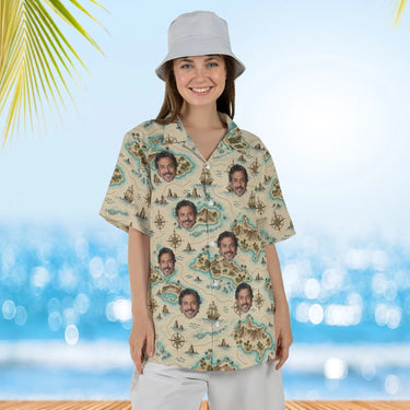 Woman wearing the Island Map Hawaiian Shirt with custom faces