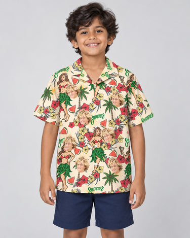 Island Party Vibes Hawaiian shirt with printed faces, worn by a child