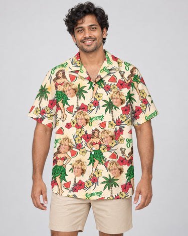 Island Party Vibes Hawaiian shirt with printed faces, worn by a man