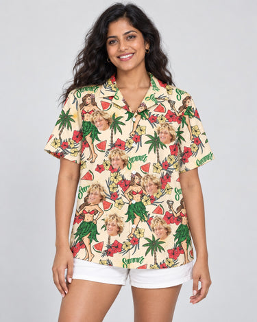 Island Party Vibes Hawaiian shirt with printed faces, worn by a woman