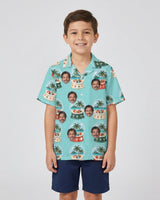 Island Snowglobe Christmas Hawaiian Shirt with printed faces, worn by a child