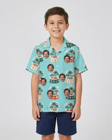 Island Snowglobe Christmas Hawaiian Shirt with printed faces, worn by a child