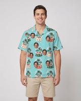 Island Snowglobe Christmas Hawaiian Shirt with printed faces, worn by a man