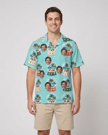 Island Snowglobe Christmas Hawaiian Shirt with printed faces, worn by a man