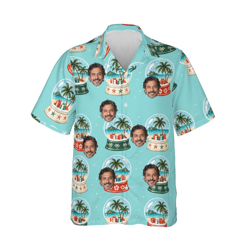Island Snowglobe personalized Christmas Hawaiian shirt printed with customer faces, front view
