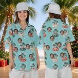 Island Snowglobe personalized Christmas Hawaiian shirt with faces worn by a woman, front and back