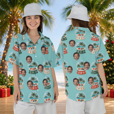 Island Snowglobe personalized Christmas Hawaiian shirt with faces worn by a woman, front and back