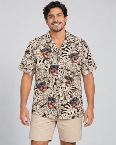 Island Tiki Vibes Hawaiian shirt with printed faces, worn by a man