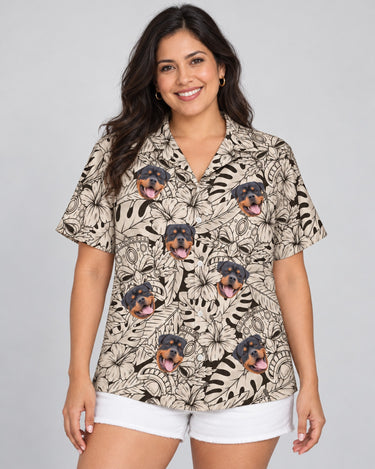 Island Tiki Vibes Hawaiian shirt with printed faces, worn by a woman