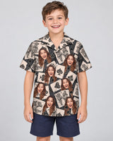 Jackpot Vibes Hawaiian shirt with printed faces, worn by a child