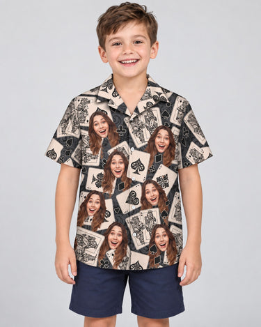 Jackpot Vibes Hawaiian shirt with printed faces, worn by a child