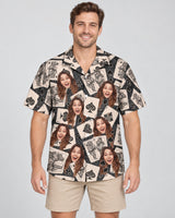 Jackpot Vibes Hawaiian shirt with printed faces, worn by a man