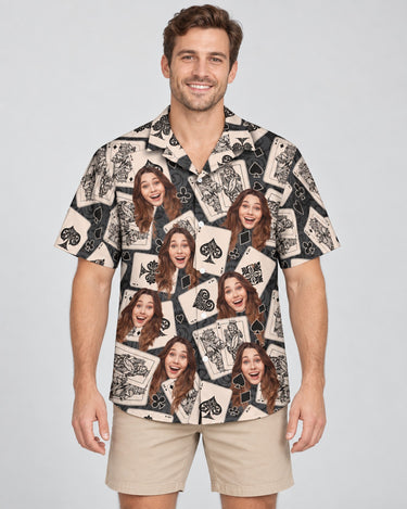 Jackpot Vibes Hawaiian shirt with printed faces, worn by a man