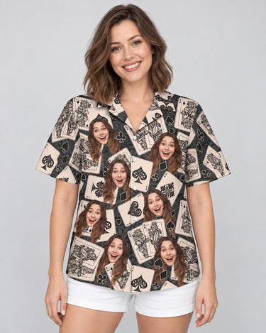 Jackpot Vibes Hawaiian shirt with printed faces, worn by a woman