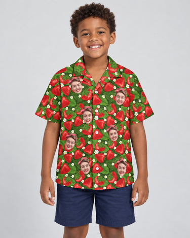 Juicy Strawberry Tropics Hawaiian shirt with printed faces, worn by a child