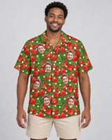 Juicy Strawberry Tropics Hawaiian shirt with printed faces, worn by a man