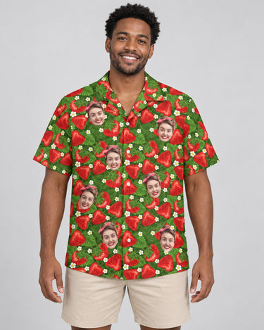 Juicy Strawberry Tropics Hawaiian shirt with printed faces, worn by a man