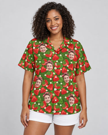 Juicy Strawberry Tropics Hawaiian shirt with printed faces, worn by a woman