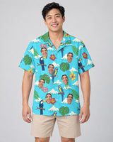 Jungle Bird Paradise Hawaiian shirt with printed faces, worn by a man