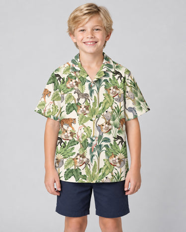 Jungle Jamboree Hawaiian shirt with printed faces, worn by a child