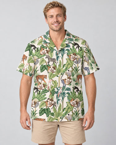 Jungle Jamboree Hawaiian shirt with printed faces, worn by a man