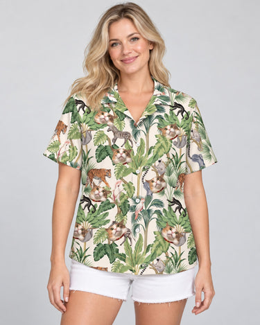 Jungle Jamboree Hawaiian shirt with printed faces, worn by a woman