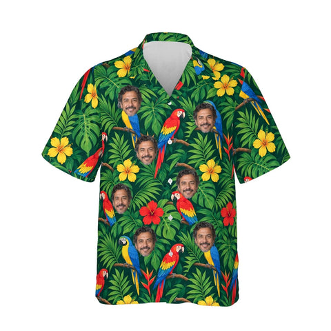Jungle Parrot Tropical Hawaiian Shirt personalized with printed faces, front view