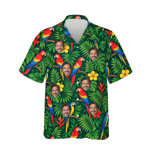 Jungle Parrot Tropical Hawaiian Shirt personalized with printed faces, front view