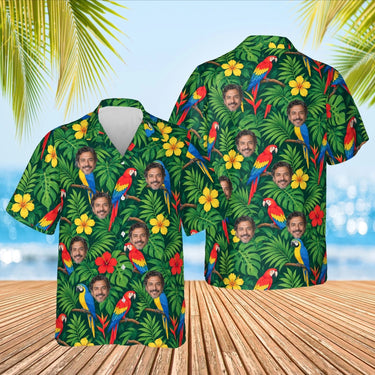 Jungle Parrot Tropical Hawaiian Shirt with custom faces, front and back