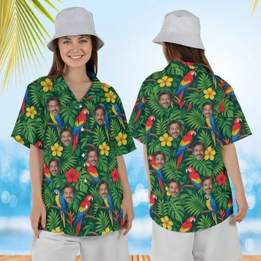 Woman wearing the Jungle Parrot Tropical Hawaiian Shirt with custom faces, front and back view