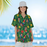 Woman wearing the Jungle Parrot Tropical Hawaiian Shirt with custom faces