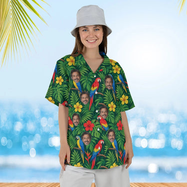 Woman wearing the Jungle Parrot Tropical Hawaiian Shirt with custom faces