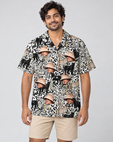 Jungle Prowl Hawaiian shirt with printed faces, worn by a man