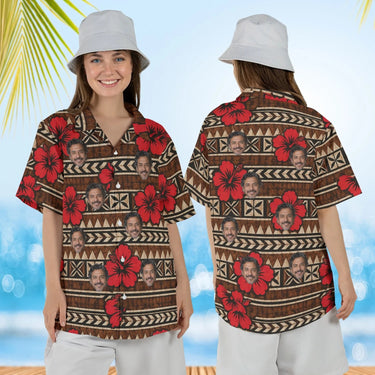Woman wearing the Kapa Hibiscus Aloha Shirt with custom faces, front and back view