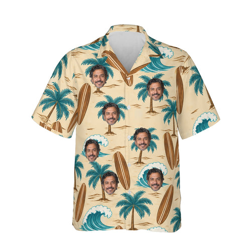 Koa Surfboard Aloha Shirt personalized with printed faces, front view