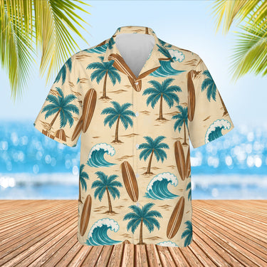 Koa Surfboard Aloha Shirt print before personalizing, front view
