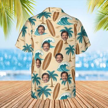 Koa Surfboard Aloha Shirt with custom faces, back view