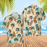 Koa Surfboard Aloha Shirt with custom faces, front and back
