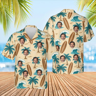 Koa Surfboard Aloha Shirt with custom faces, front and back