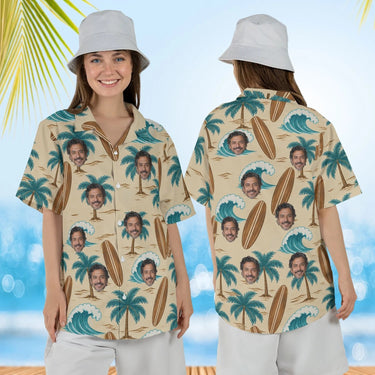 Woman wearing the Koa Surfboard Aloha Shirt with custom faces, front and back view