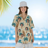 Woman wearing the Koa Surfboard Aloha Shirt with custom faces