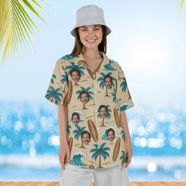 Woman wearing the Koa Surfboard Aloha Shirt with custom faces