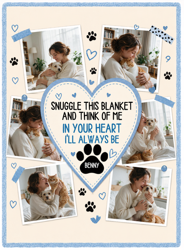 Full print artwork of the six photo pet blanket, edge to edge, with the custom pet name