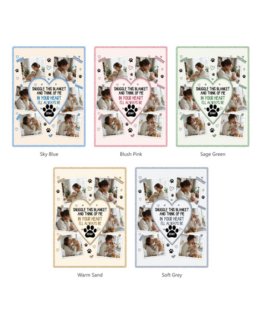 Five background colours for the six photo pet blanket: Sky Blue, Blush Pink, Sage Green, Warm Sand and Soft Grey