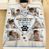 Six photo pet memory blanket laid across a made bed with white linen