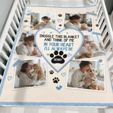 Personalised pet photo blanket folded over the side of a wooden crib