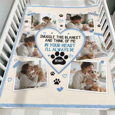 Personalised pet photo blanket folded over the side of a wooden crib